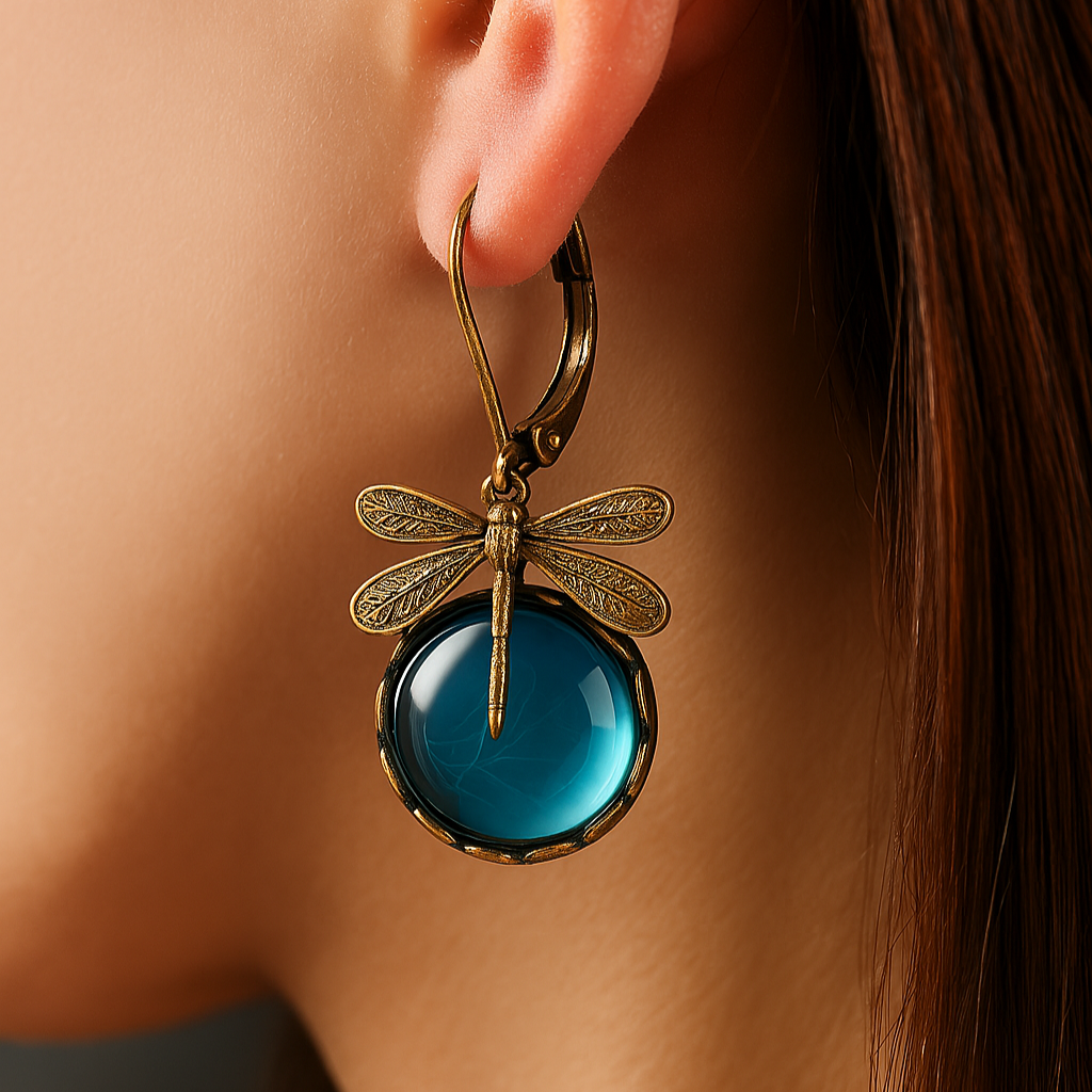 Spherical Dragonfly Earrings in Antique Gold 2