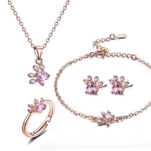 Rose Gold Paw Jewelry Set – 4 Pieces with Zirconia Heart (Ring, Necklace, Earrings, Bracelet) 3