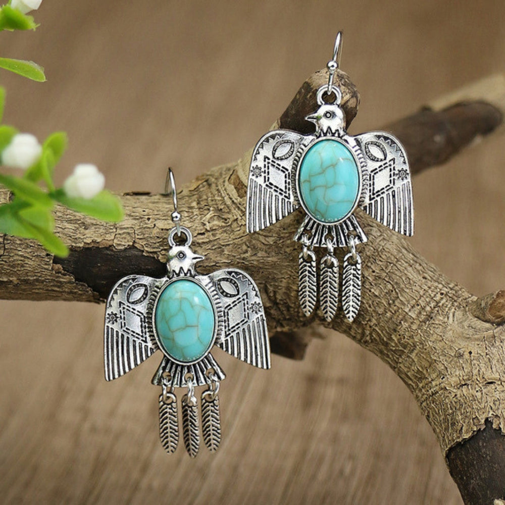 Silver Boho Bird Earrings with Opal 1