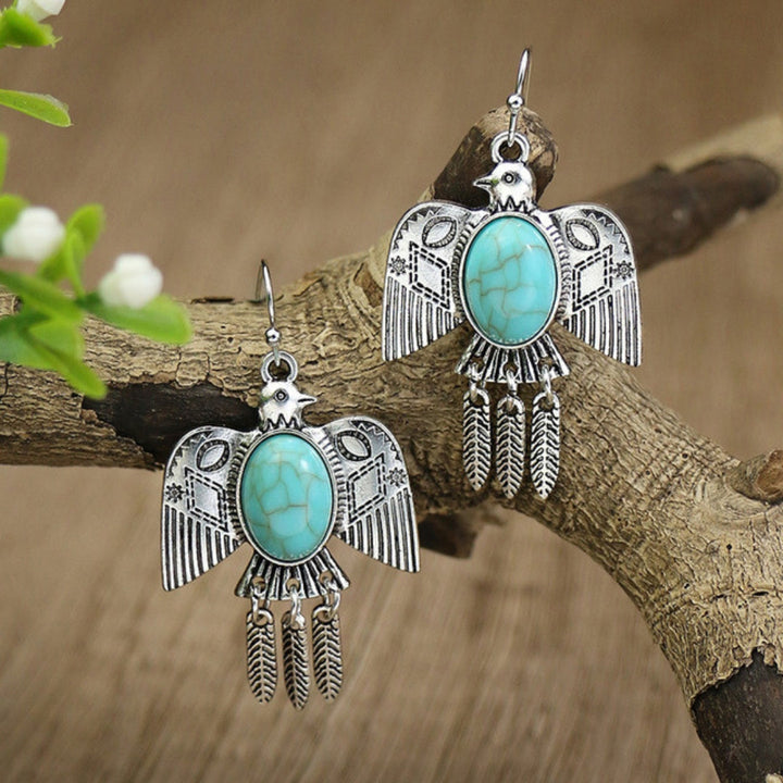 Silver Boho Bird Earrings with Opal 1