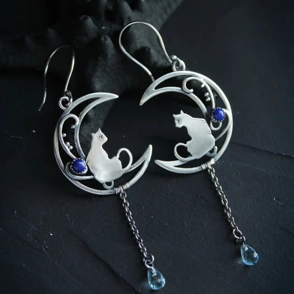 Blue Zirconia Cat Boho Earrings in Sterling Silver 1
