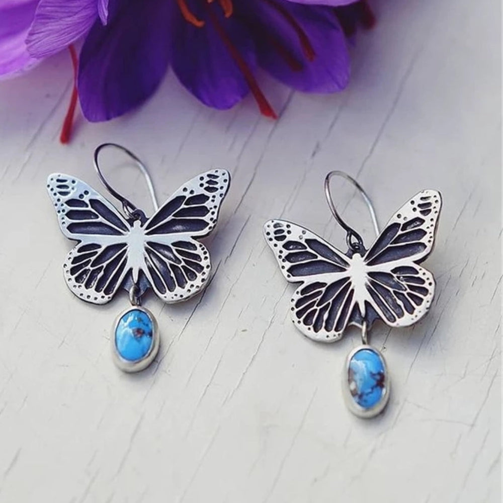 Vintage Silver Butterfly Blue Stone Earrings 1