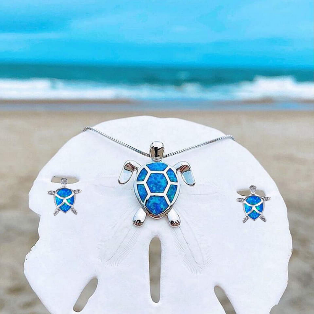 Sea Turtle Necklace + Earrings Set in Opal and Silver 1