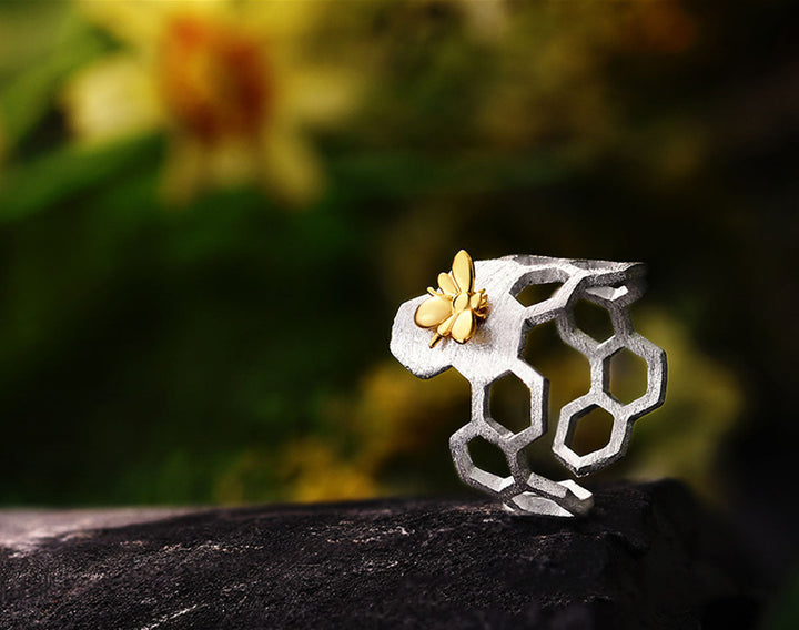 Adjustable 18K Gold Plated Honeycomb Ring 5