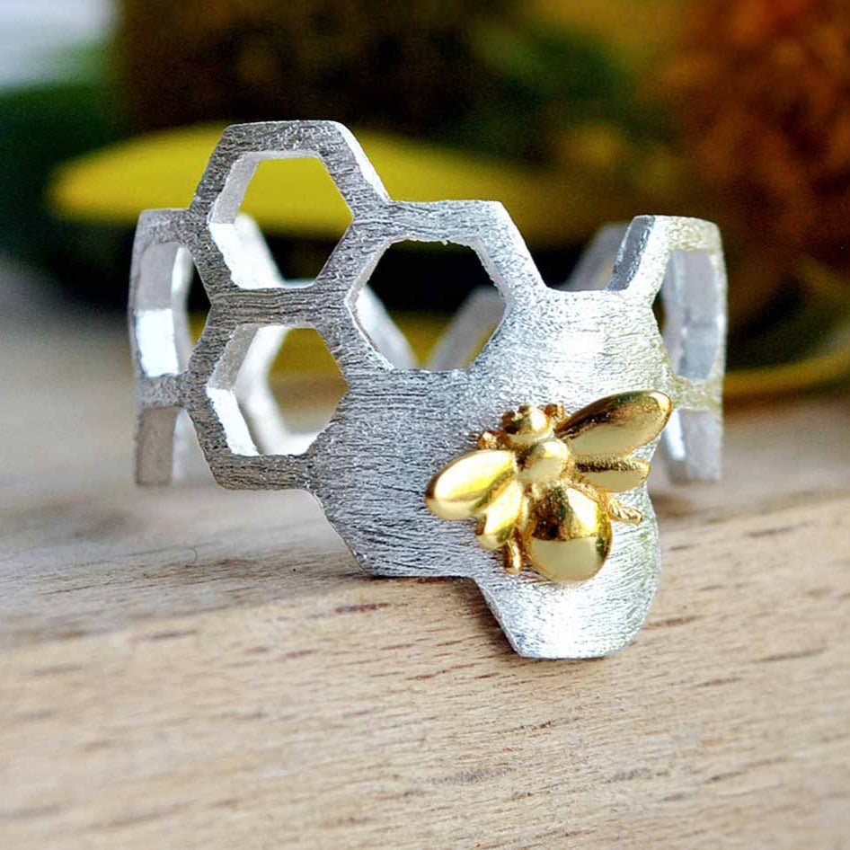 Adjustable 18K Gold Plated Honeycomb Ring 2