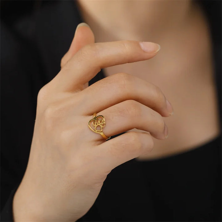 Goldton-Pfote & Herzring-Edelstahlschmuck für Tierliebhaber 3