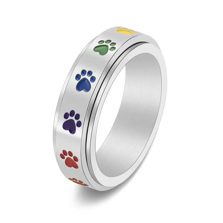 Spinning Anti-Stress Paw Ring – Stainless Steel with Rainbow Paws 6