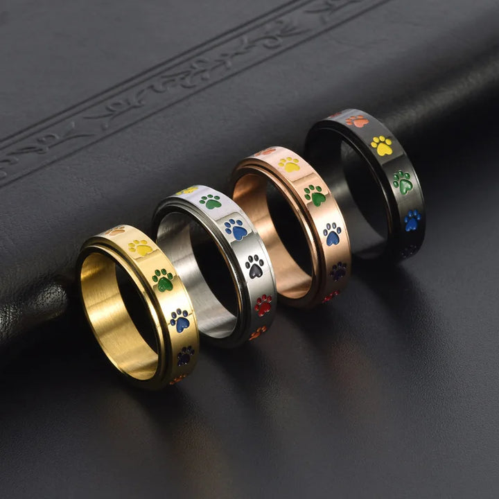 Spinning Anti-Stress Paw Ring – Stainless Steel with Rainbow Paws 5
