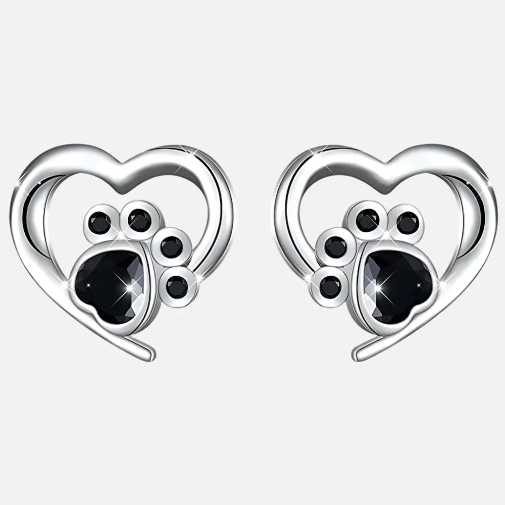 Heart Paw Stud Earrings – Silver with Black Crystal 2