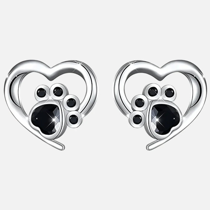 Heart Paw Stud Earrings – Silver with Black Crystal 2