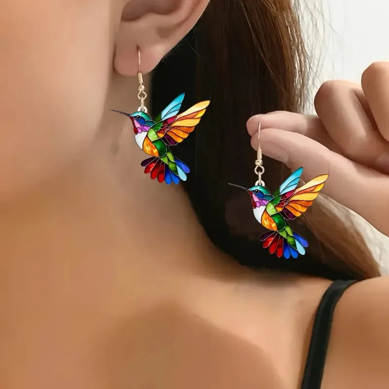 Acrylic Hummingbird Dangle Earrings – Bright 2D Bird Design 2