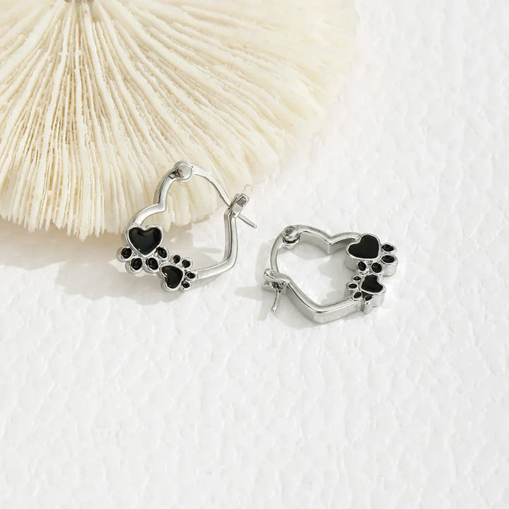 Heart Paw Huggie Earrings with Black Enamel 5