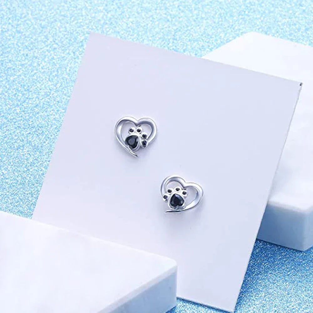 Heart Paw Stud Earrings – Silver with Black Crystal 5