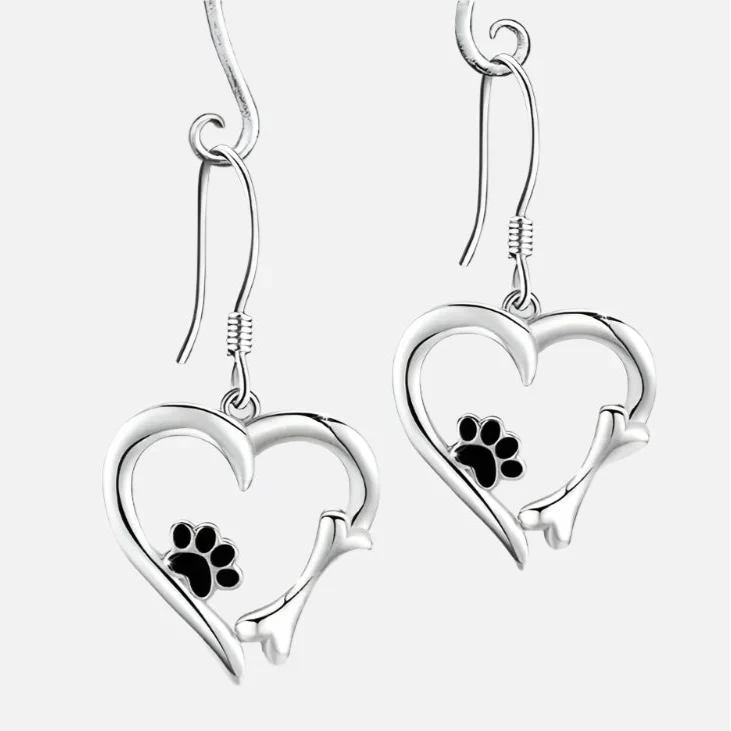 Silver Drop Earrings with Heart & Paw Design 1