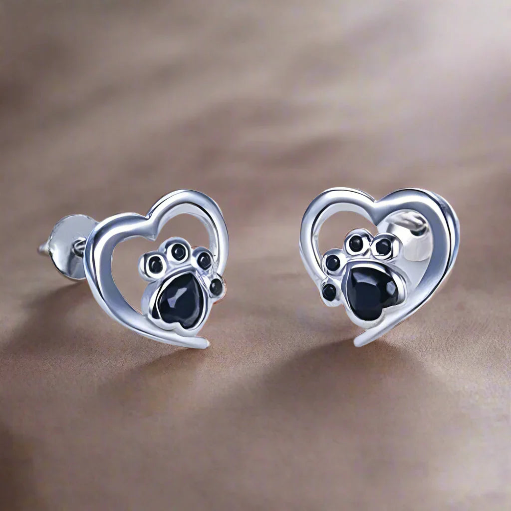 Heart Paw Stud Earrings – Silver with Black Crystal 1