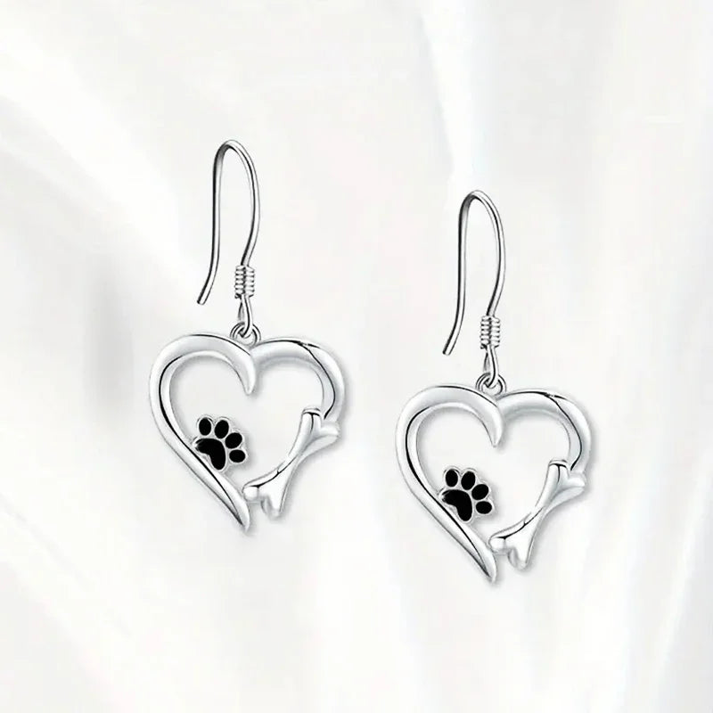 Silver Drop Earrings with Heart & Paw Design 5