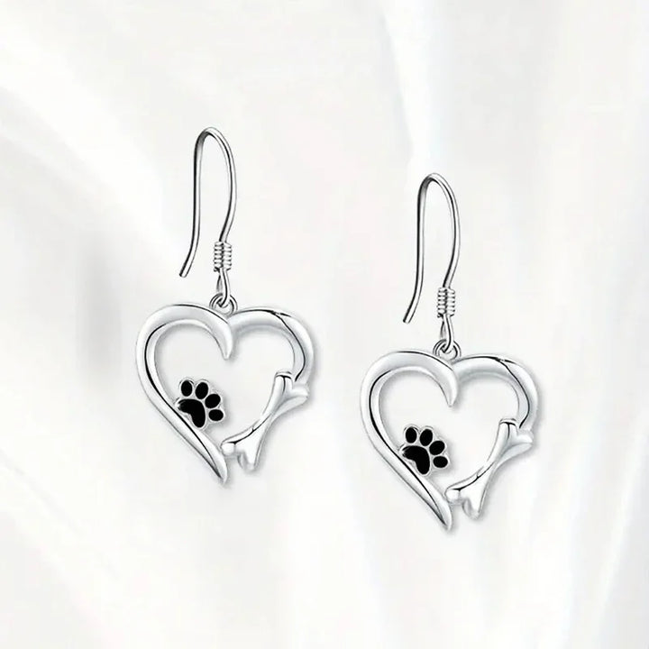 Silver Drop Earrings with Heart & Paw Design 5