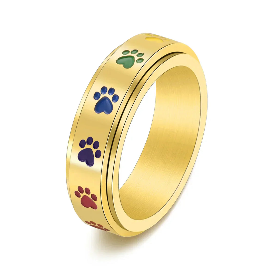 Spinning Anti-Stress Paw Ring – Stainless Steel with Rainbow Paws 4