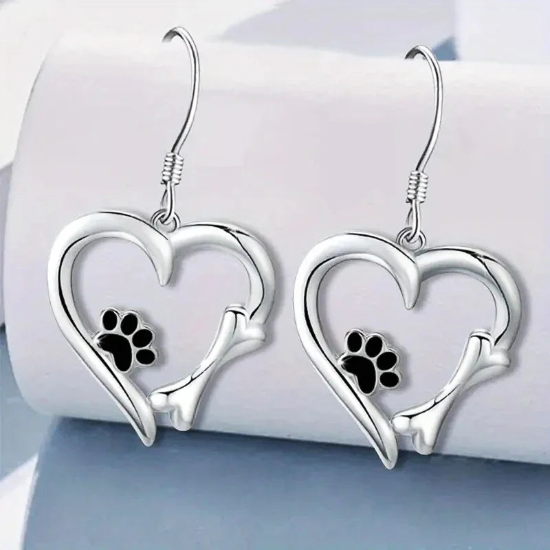 Silver Drop Earrings with Heart & Paw Design 2