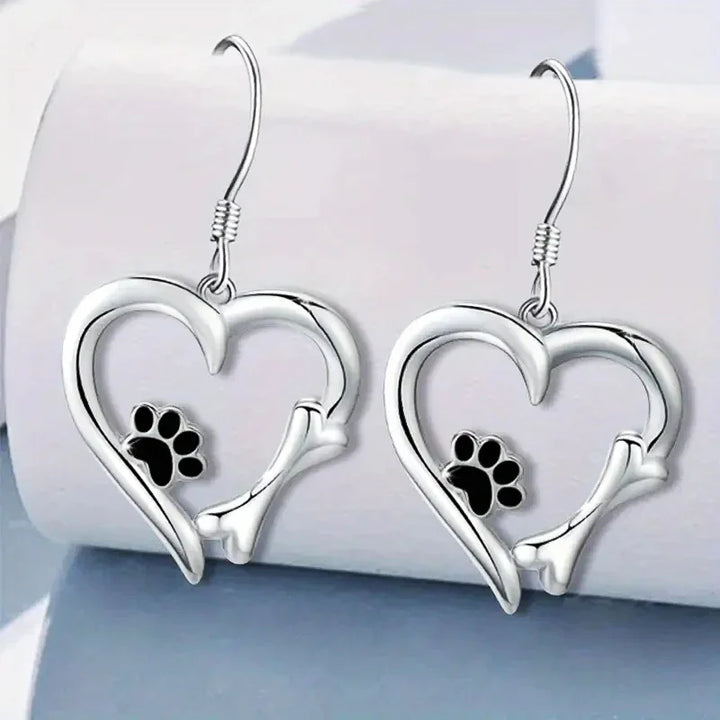 Silver Drop Earrings with Heart & Paw Design 2