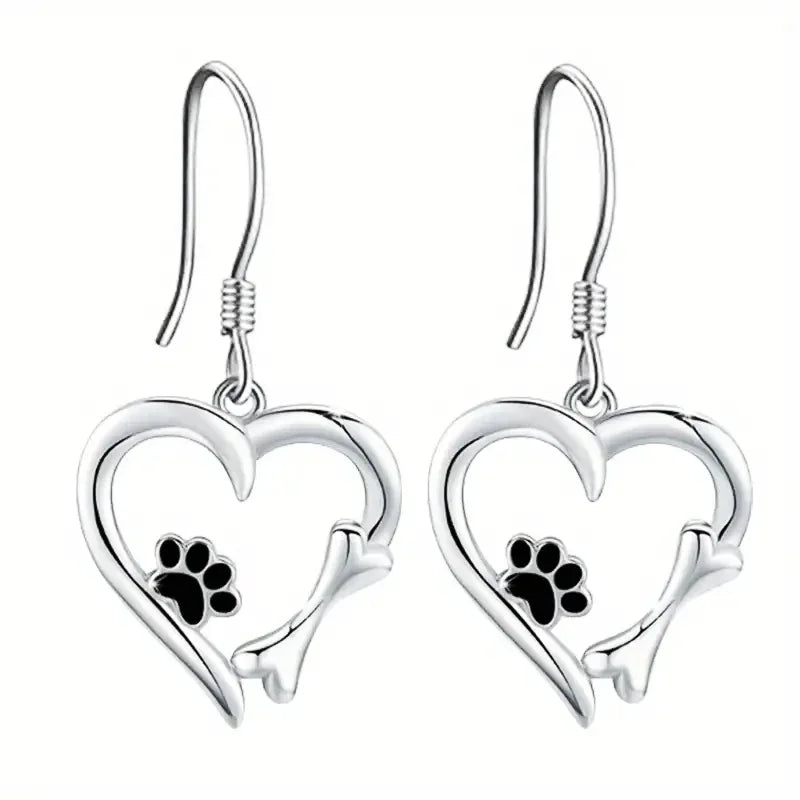 Silver Drop Earrings with Heart & Paw Design 3