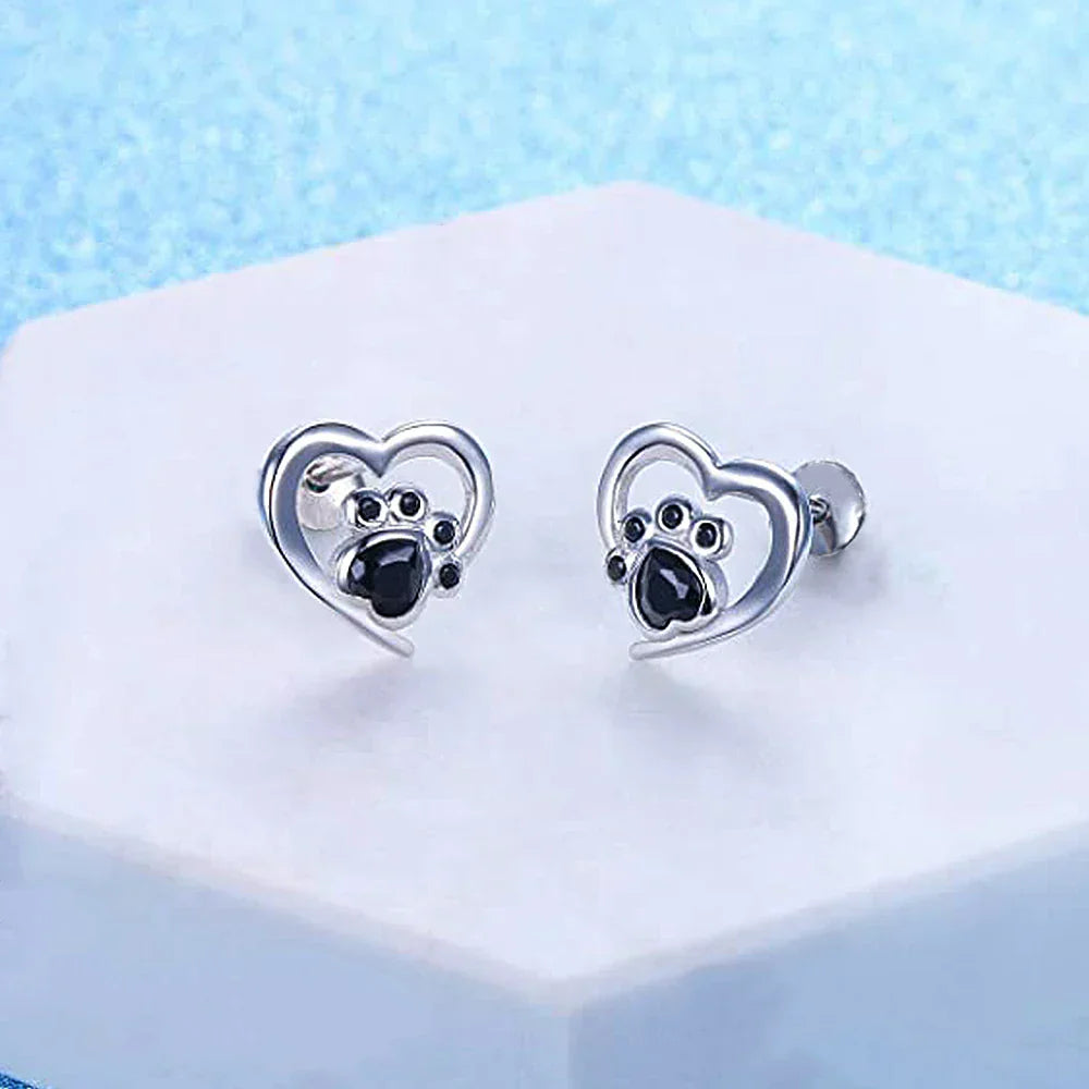 Heart Paw Stud Earrings – Silver with Black Crystal 4