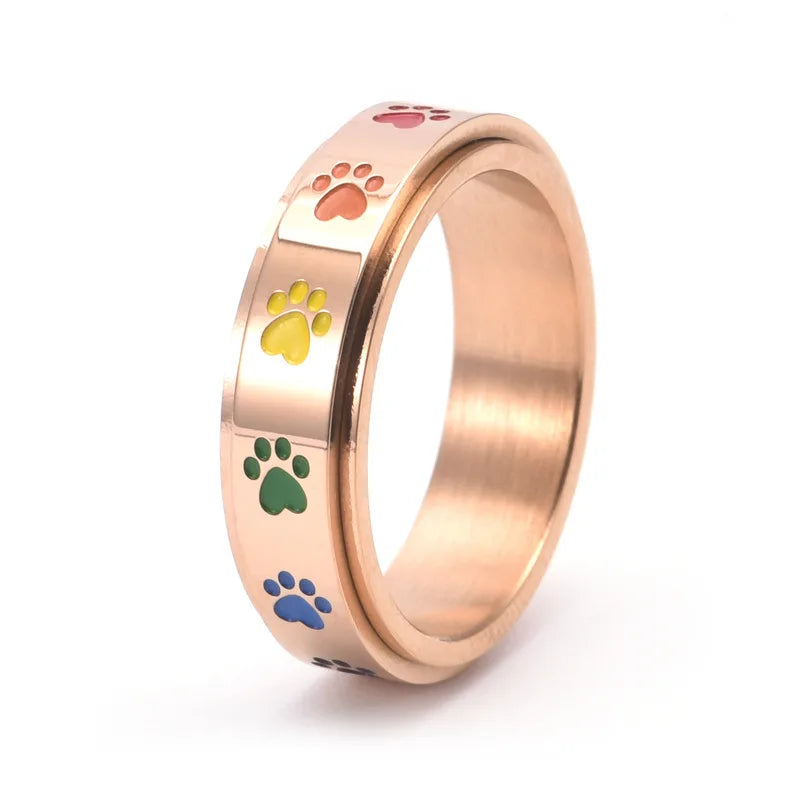 Spinning Anti-Stress Paw Ring – Stainless Steel with Rainbow Paws 1