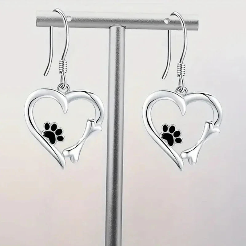 Silver Drop Earrings with Heart & Paw Design 4