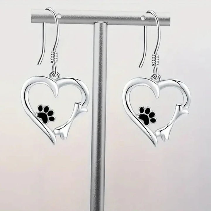 Silver Drop Earrings with Heart & Paw Design 4