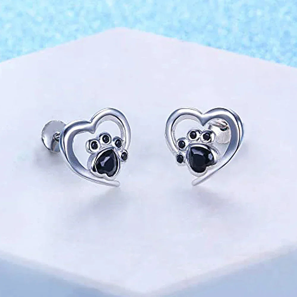 Heart Paw Stud Earrings – Silver with Black Crystal 3