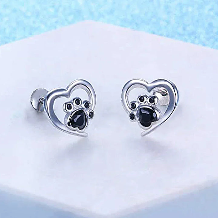 Heart Paw Stud Earrings – Silver with Black Crystal 3