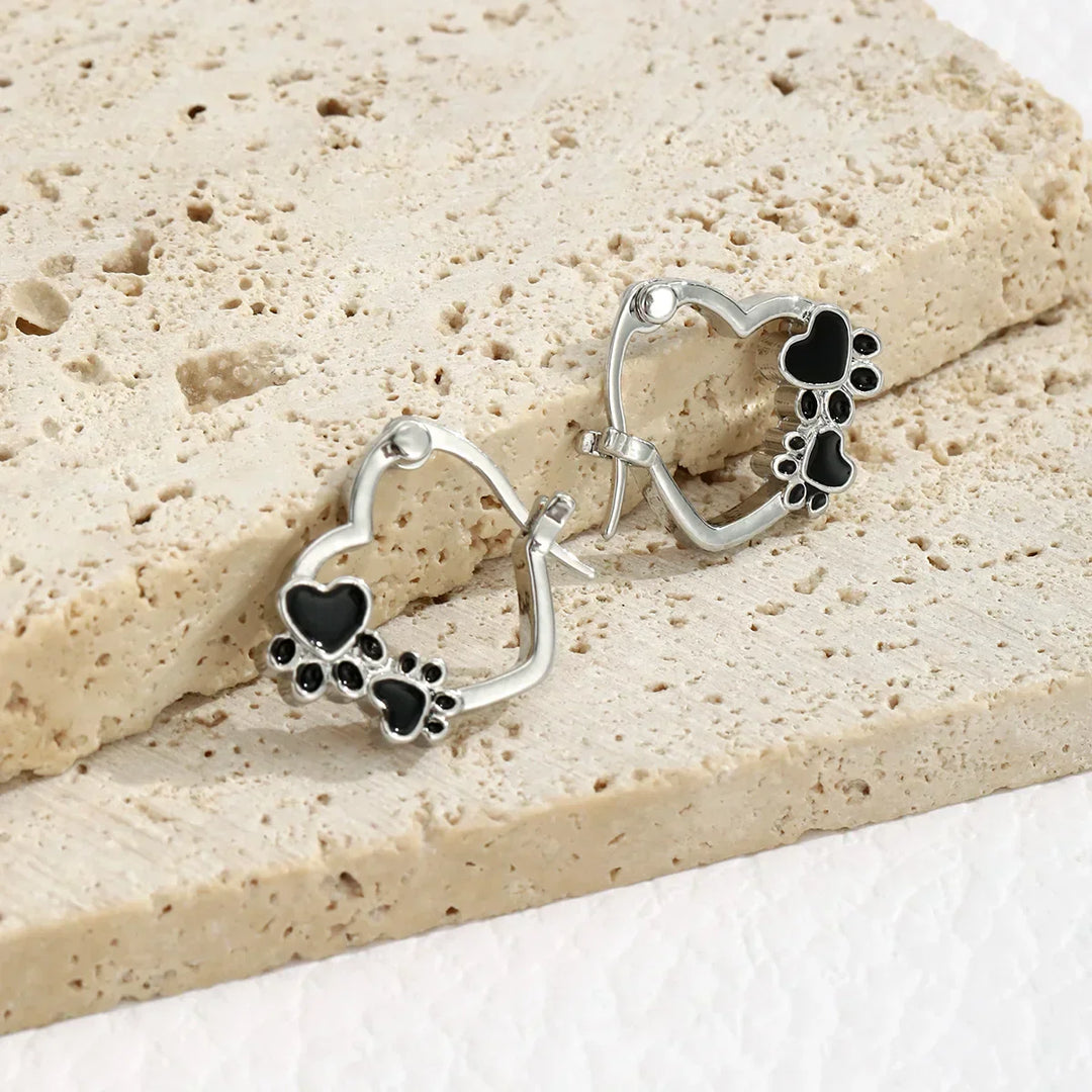 Heart Paw Huggie Earrings with Black Enamel 4