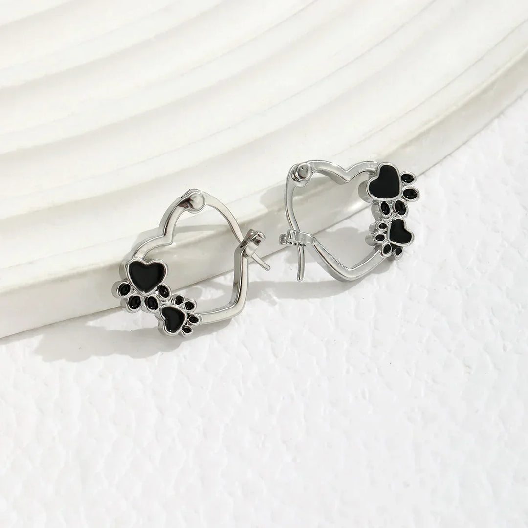 Heart Paw Huggie Earrings with Black Enamel 2
