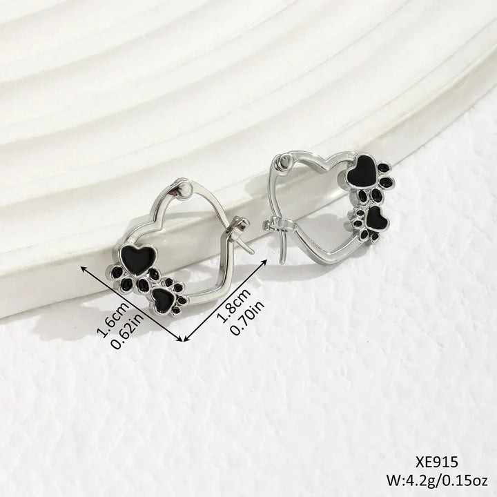 Heart Paw Huggie Earrings with Black Enamel 3
