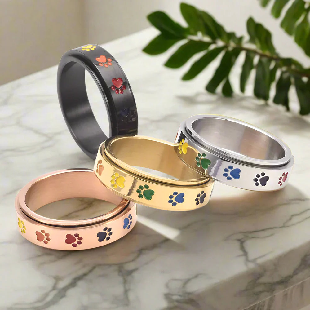 Spinning Anti-Stress Paw Ring – Stainless Steel with Rainbow Paws 2