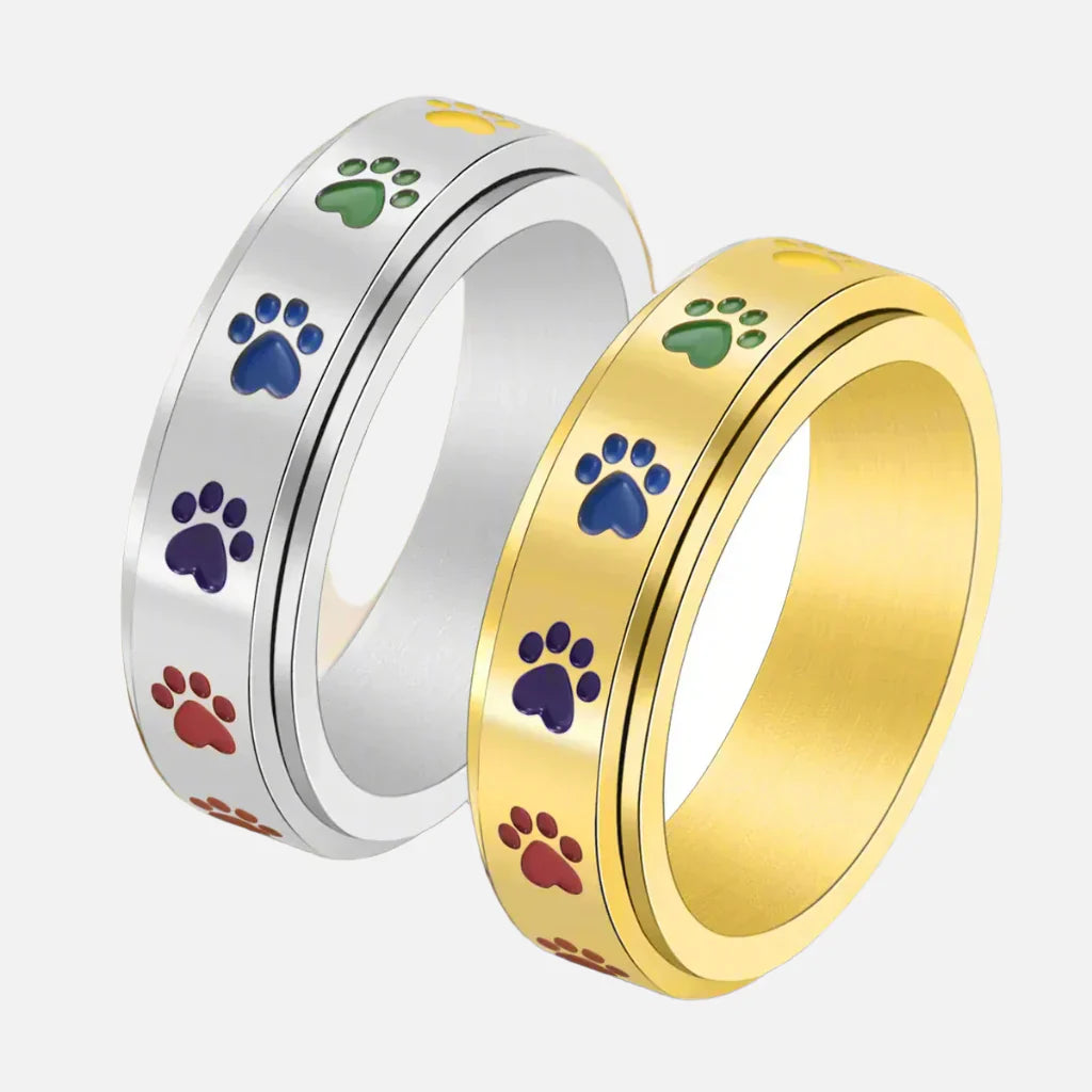 Spinning Anti-Stress Paw Ring – Stainless Steel with Rainbow Paws 3