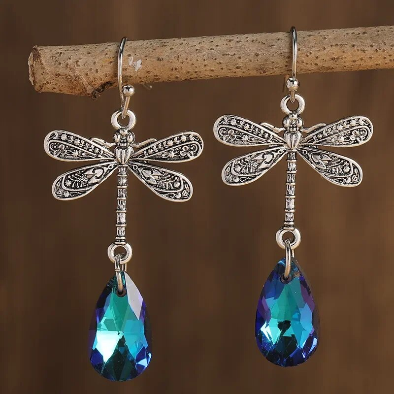Vintage Blue Zirconia Drop Dragonfly Earrings 1