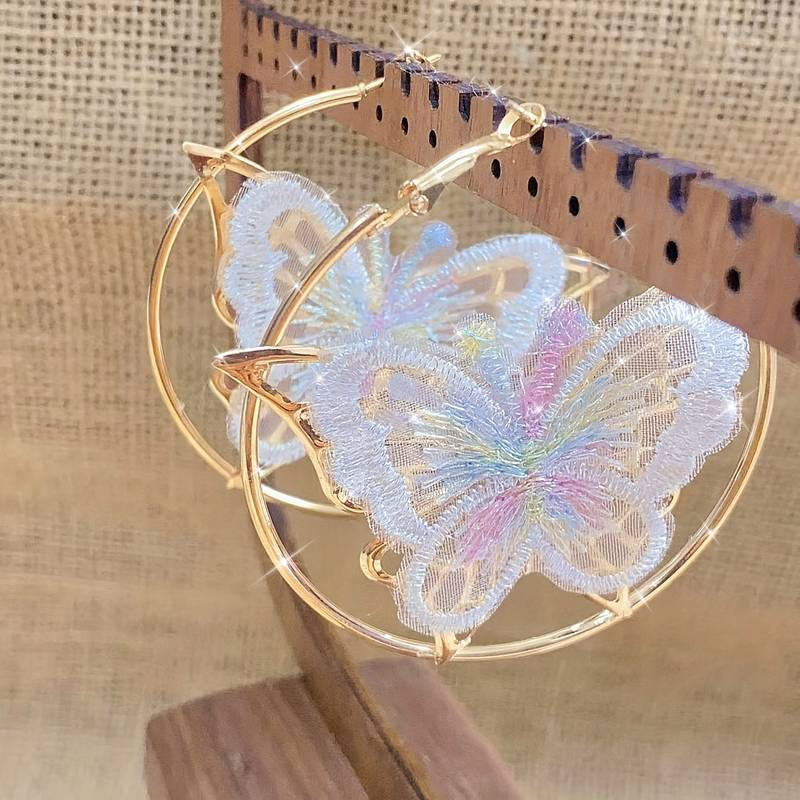 Vintage White Butterfly Hoop Earrings 1