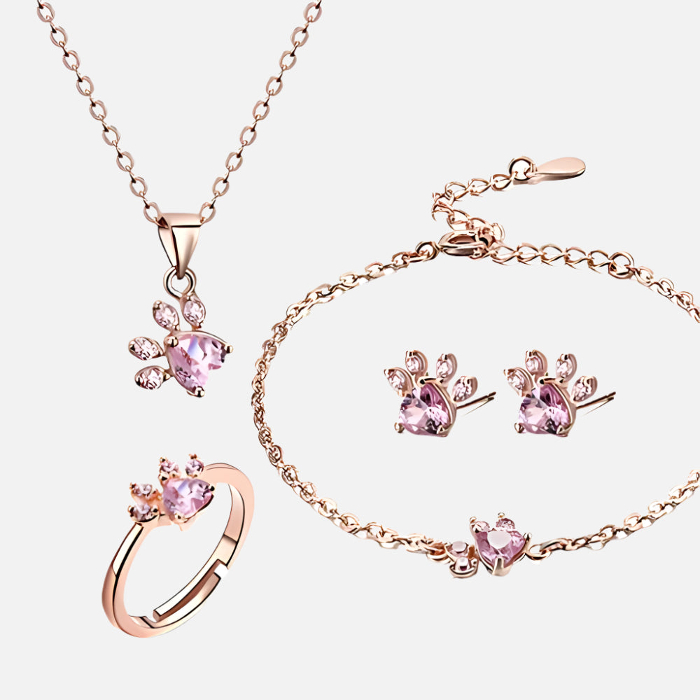 Rose Gold Paw Jewelry Set – 4 Pieces with Zirconia Heart (Ring, Necklace, Earrings, Bracelet) 1