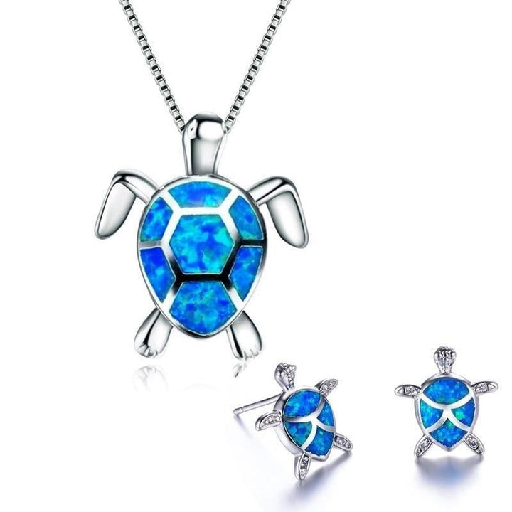 Sea Turtle Necklace + Earrings Set in Opal and Silver 3