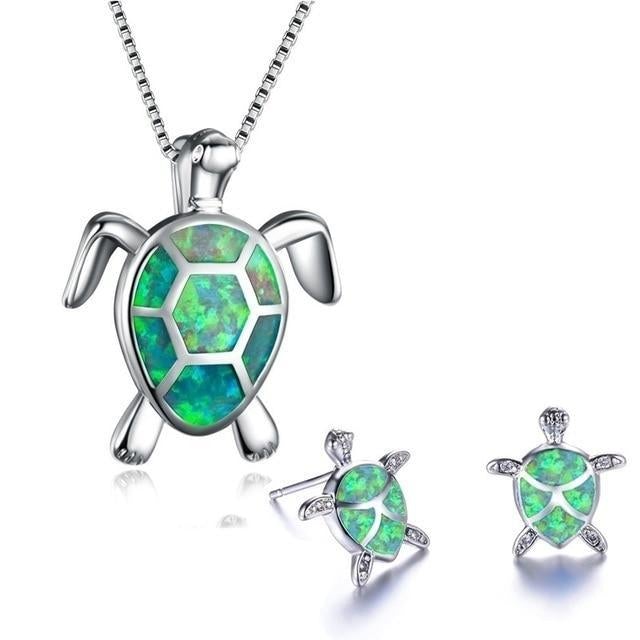 Sea Turtle Necklace + Earrings Set in Opal and Silver 4
