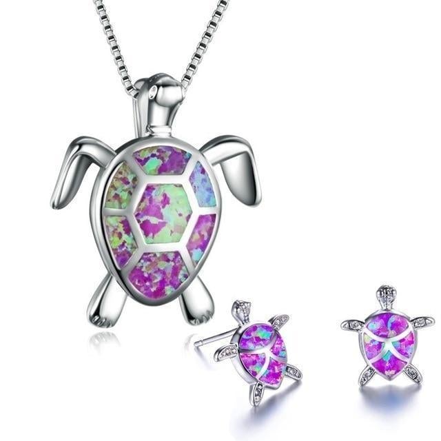 Sea Turtle Necklace + Earrings Set in Opal and Silver 6