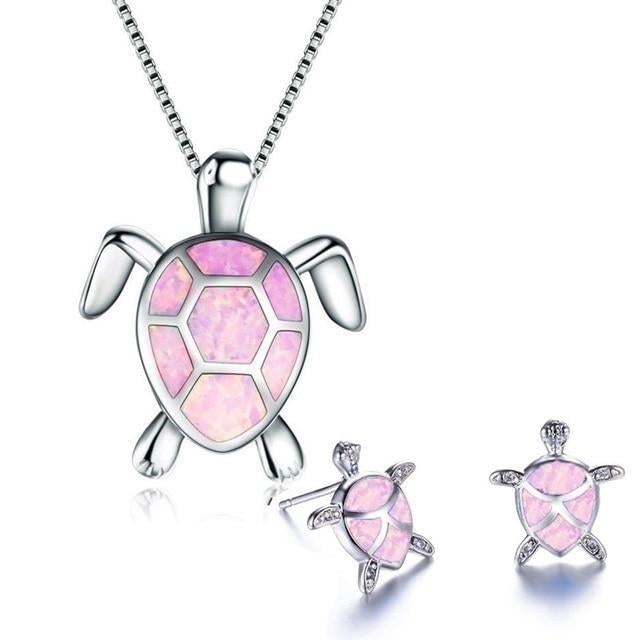 Sea Turtle Necklace + Earrings Set in Opal and Silver 5