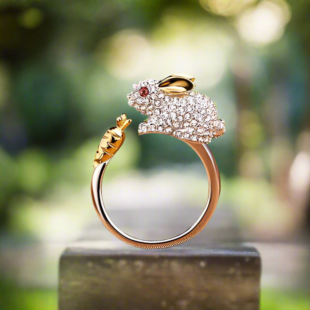 Unique Adjustable Silver Bunny and Carrot Crystal Ring 1