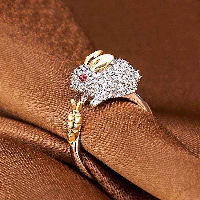 Unique Adjustable Silver Bunny and Carrot Crystal Ring 2