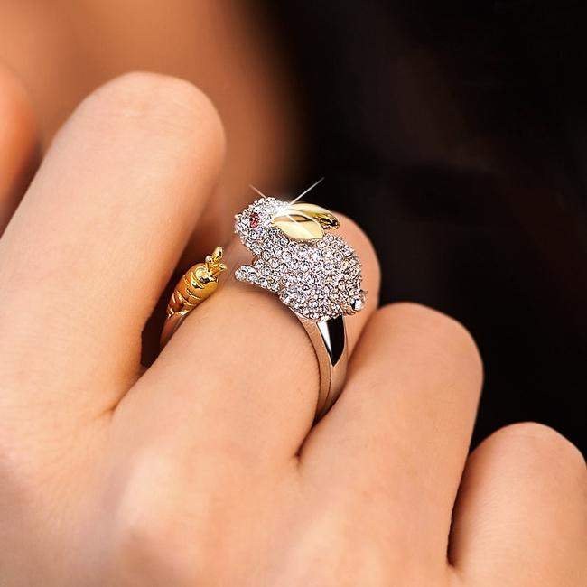 Unique Adjustable Silver Bunny and Carrot Crystal Ring 4