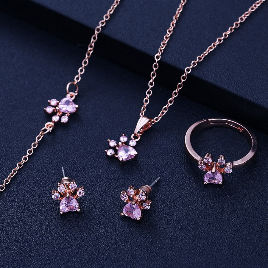 Rose Gold Paw Jewelry Set – 4 Pieces with Zirconia Heart (Ring, Necklace, Earrings, Bracelet) 2