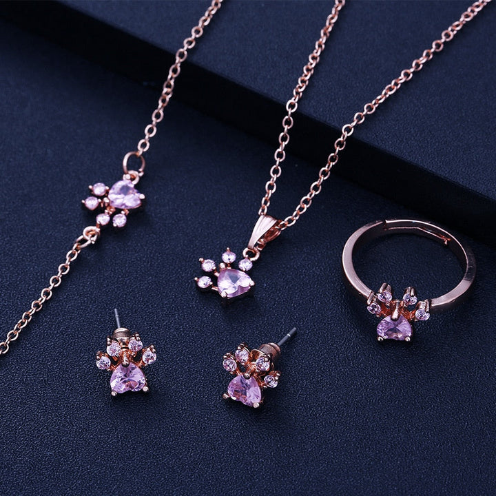 Rose Gold Paw Jewelry Set – 4 Pieces with Zirconia Heart (Ring, Necklace, Earrings, Bracelet) 2